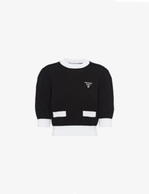 Shop Prada Round-neck Brand-embroidered Cotton Jumper In Black