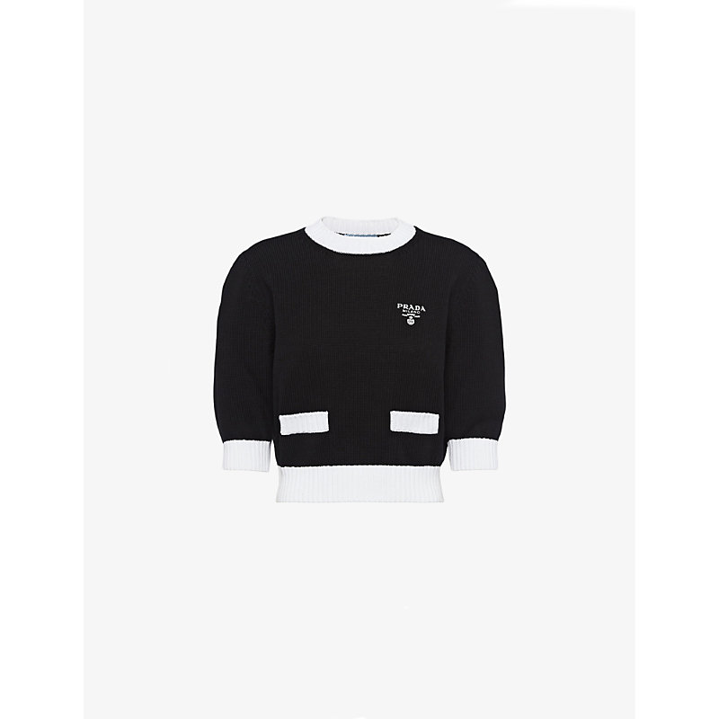 Shop Prada Round-neck Brand-embroidered Cotton Jumper In Black