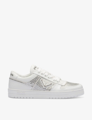 Shop Prada Crystal-embellished Leather Low-top Trainers In White