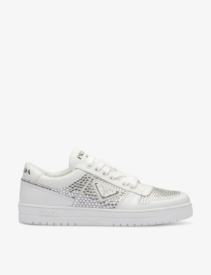 Prada Crystal-embellished Leather Sneakers In White