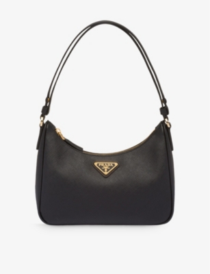 Shop Prada Black Brand-plaque Leather Shoulder Bag