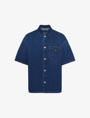 Prada Mens Blue Padded Faded-wash Boxy-fit Denim Shirt