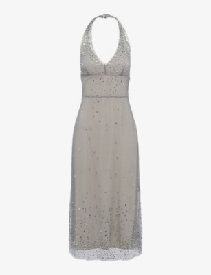 Shop Prada Womens  Crystal-embellished Halterneck Tulle Midi Dress In Grey