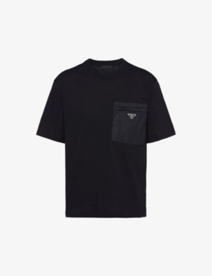 Shop Prada Mens Black Re-nylon Brand-plaque Cotton And Recycled-nylon T-shirt
