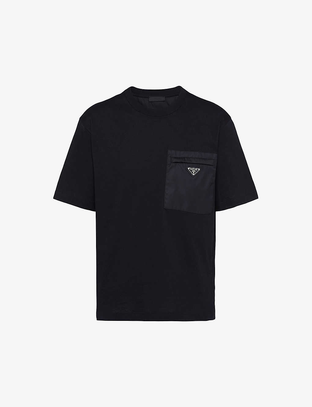 Shop Prada Mens Black Re-nylon Brand-plaque Cotton And Recycled-nylon T-shirt