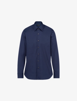 Shop Prada Pearl-embellished Slim-fit Cotton-blend Shirt In Blue