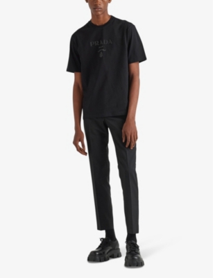 Shop Prada Brand-embroidered Boxy-fit Cotton T-shirt In Black