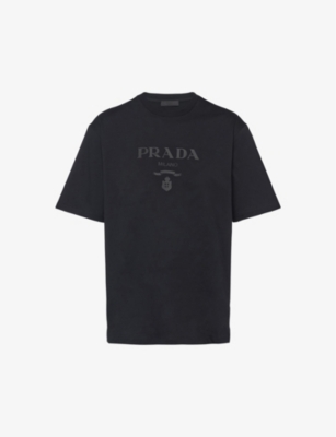 Shop Prada Mens Black Brand-embroidered Boxy-fit Cotton T-shirt