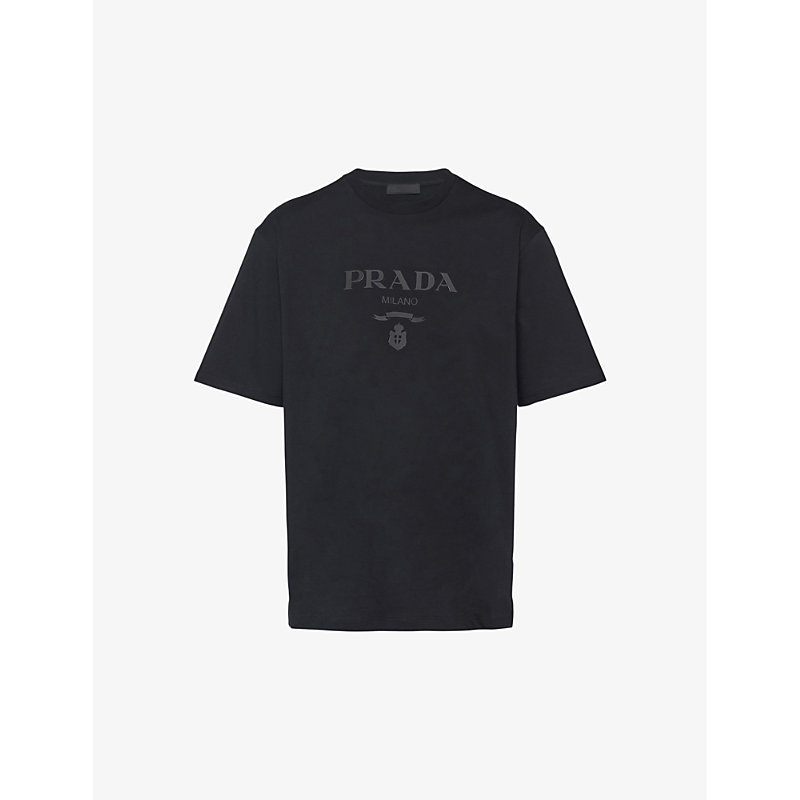 Shop Prada Brand-embroidered Boxy-fit Cotton T-shirt In Black