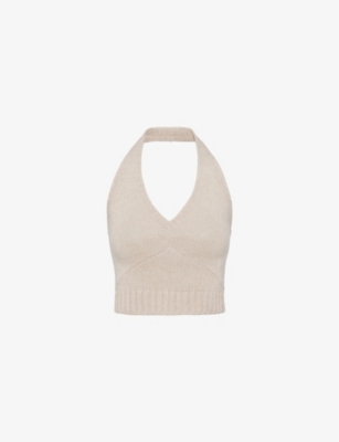 PRADA: Halterneck cropped wool-blend top
