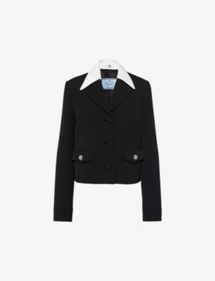 Shop Prada Crystal-embellished Contrast-collar Wool Jacket In Black
