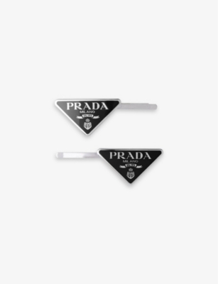 Prada Womens Black Logo-plaque Silver-toned Metal Hair Clips Set Of Two