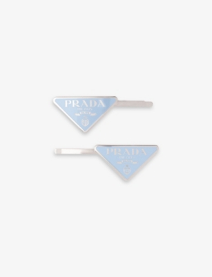 Prada Triangle Logo Hairclip Set In Light Blue