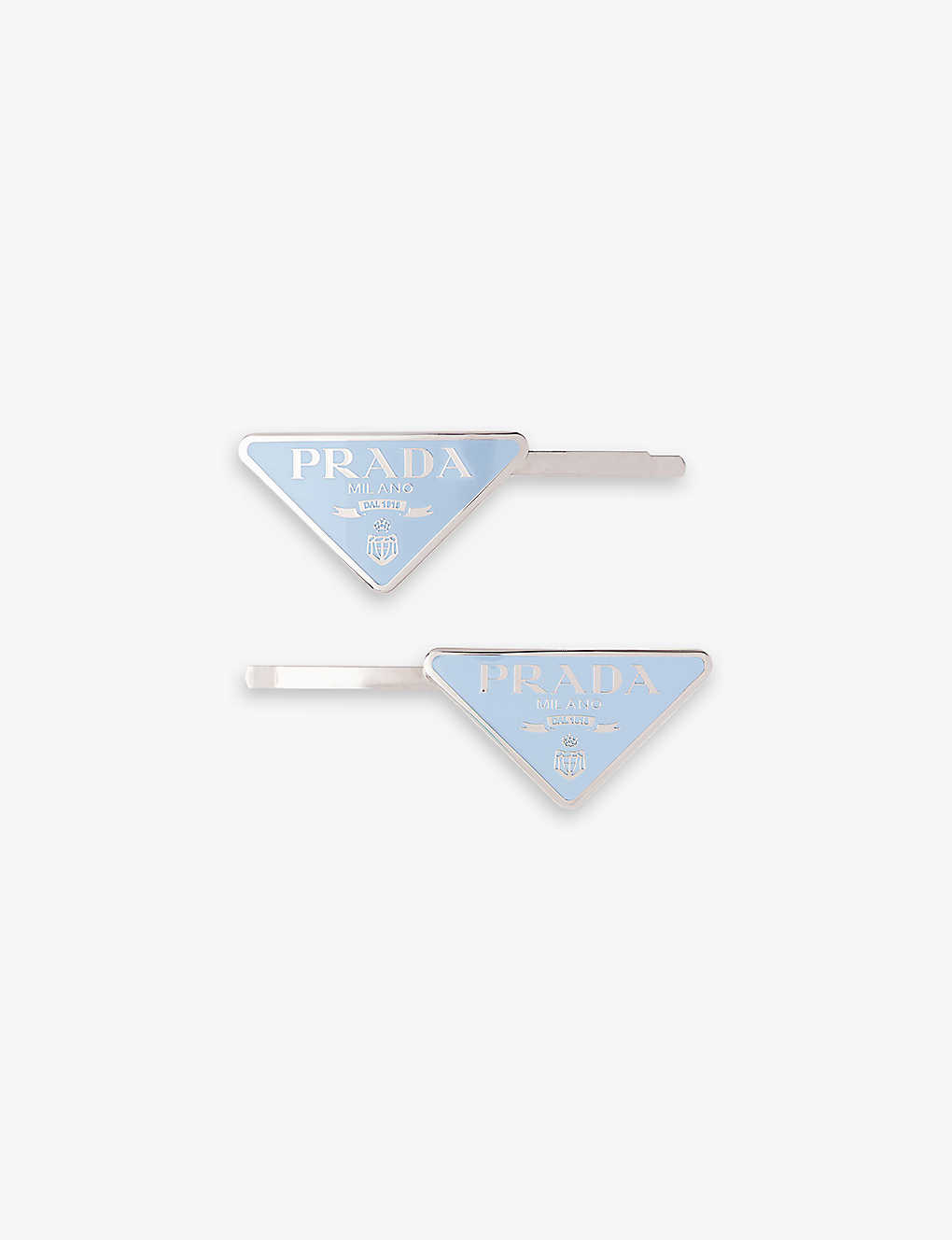 Shop Prada Womens Pale Blue Logo-plaque Silver-toned Metal Hair Clips Set Of Two In Light Blue