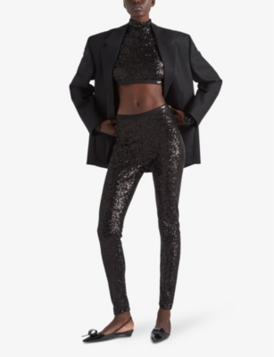 PRADA: Sequin-embellished slim-leg high-rise woven trousers