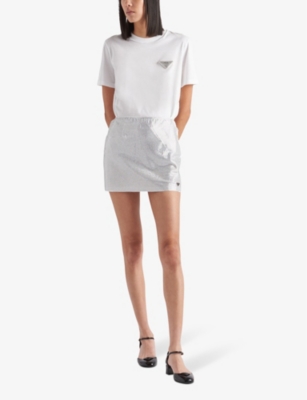 Prada Womens White Logo-plaque Crystal-embellished Cotton T-shirt In White