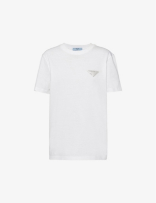 PRADA: Logo-plaque crystal-embellished cotton T-shirt