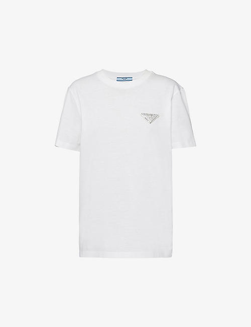 PRADA: Logo-plaque crystal-embellished cotton T-shirt