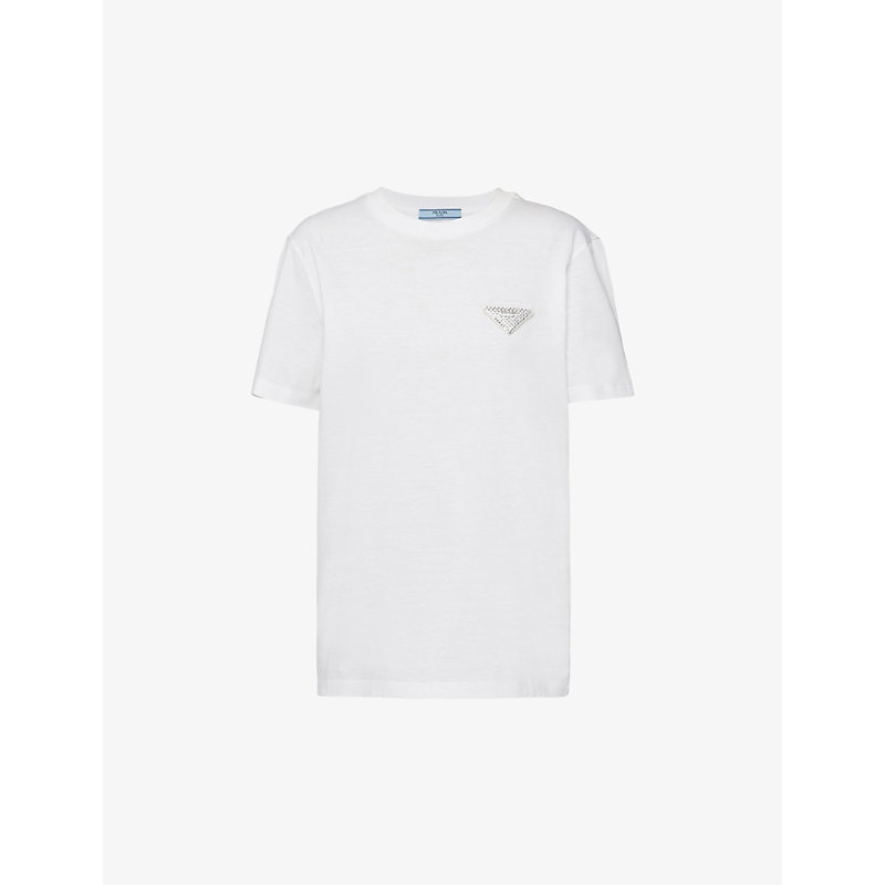 Shop Prada Logo-plaque Crystal-embellished Cotton T-shirt In White