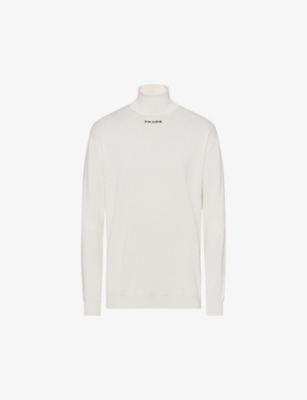 Prada Mens White Logo-embroidered Turtleneck Cashmere Jumper