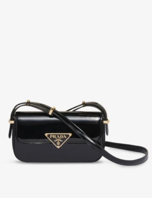 Prada Womens Black Logo-plaque Glossy Leather Cross-body Bag