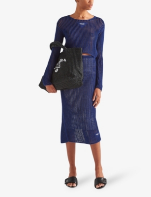 Shop Prada Logo-stamped Crochet Tote Bag In Black