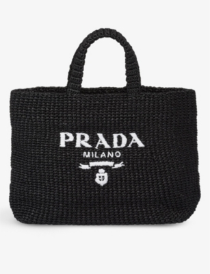 Shop Prada Logo-stamped Crochet Tote Bag In Black
