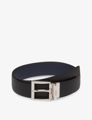 Shop Prada Mens Black Logo-engraved Reversible Leather Belt