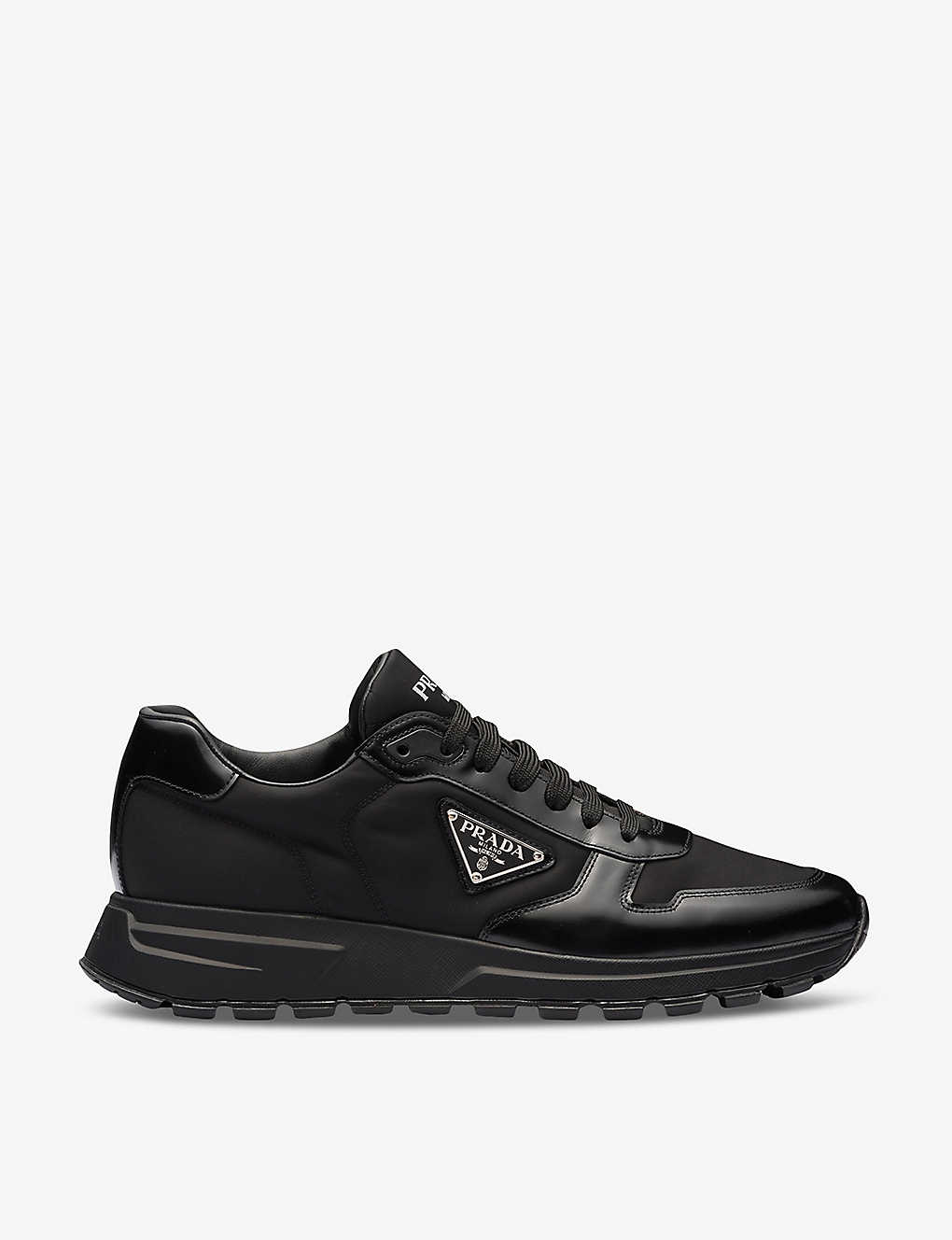 Shop Prada Mens Black Re-nylon Brand-plaque Leather And Recycled-nylon Low-top Trainers