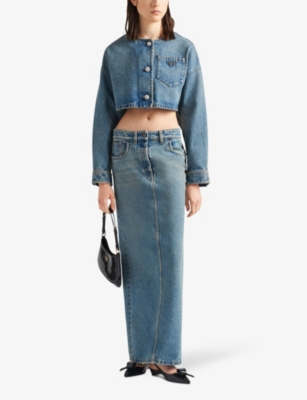 Shop Prada Brand-plaque Low-rise Organic-cotton Denim Maxi Skirt In Blue
