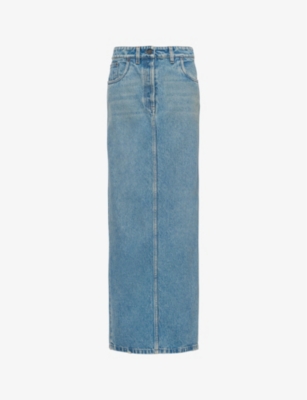 Shop Prada Brand-plaque Low-rise Organic-cotton Denim Maxi Skirt In Blue