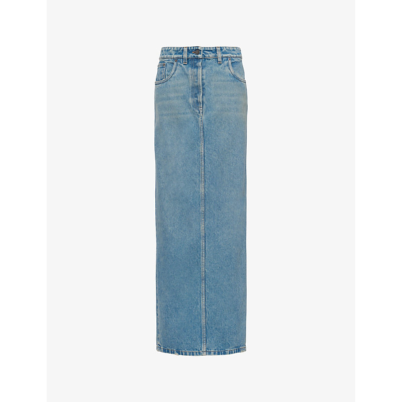 Shop Prada Womens Blue Brand-plaque Low-rise Organic-cotton Denim Maxi Skirt