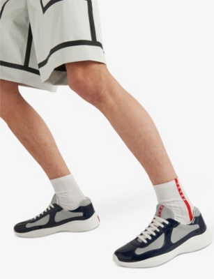 Shop Prada Mens Blue America's Cup Leather And Mesh Trainers