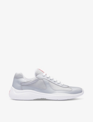 Prada Men's America's Cup Patent Leather Patchwork Sneakers In Light Blue