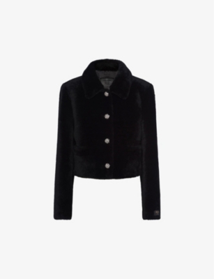 PRADA PRADA WOMENS BLACK COLLARED JEWEL-BUTTON SHEARLING JACKET