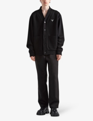 PRADA: Brand-plaque V-neck oversized-fit cotton cardigan