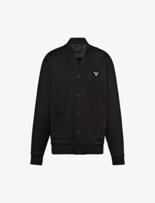 PRADA: Brand-plaque V-neck oversized-fit cotton cardigan