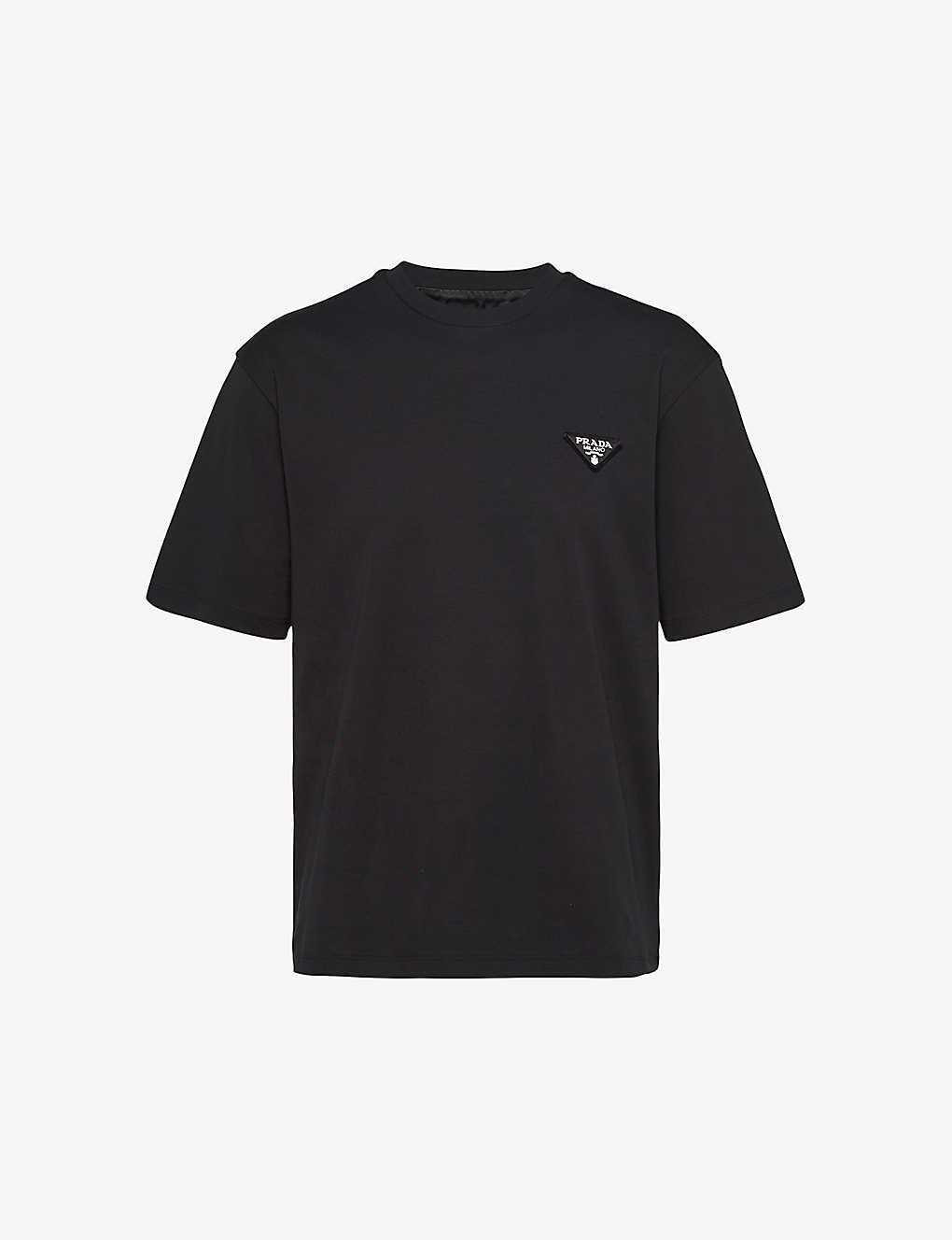 Shop Prada Mens Black Logo-patch Crewneck Cotton T-shirt