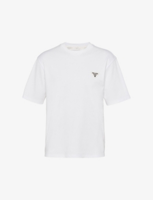 Shop Prada Mens White Logo-patch Crewneck Cotton T-shirt