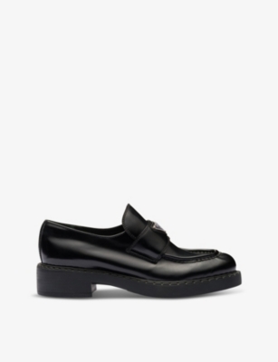 Shop Prada Chocolate Brand-plaque Brushed Leather Loafers In Black