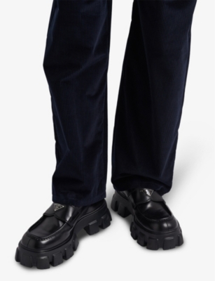 PRADA: Monolith logo-embellished brushed leather loafers