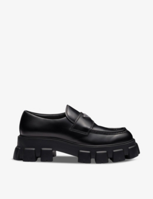 Prada Monolith Brushed Leather Loafers In Black