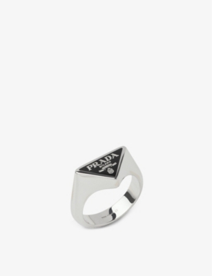 Shop Prada Mens Black Brand-plaque Sterling-silver Ring