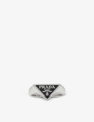 Shop Prada Mens Black Brand-plaque Sterling-silver Ring