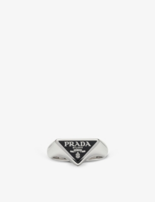 PRADA PRADA MENS BLACK BRAND-PLAQUE STERLING-SILVER RING