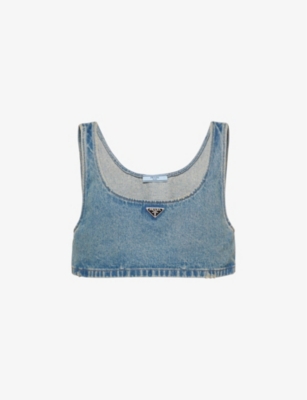 PRADA: Logo-plaque denim-chambray crop top