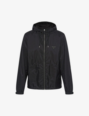Prada Re-nylon Brand-plaque Recycled-nylon Hooded Jacket In Black