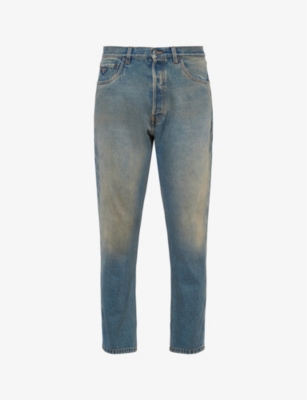 PRADA: Logo-plaque cropped tapered-leg jeans