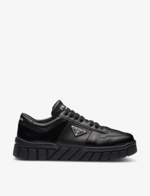 PRADA COLOUR-BLOCKED BRAND-PLAQUE LEATHER MID-TOP PLATFORM TRAINERS