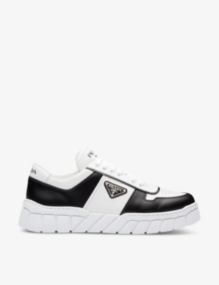 PRADA Colour blocked brand plaque leather mid top platform trainers Selfridges